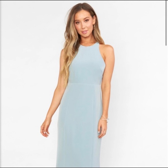 Show Me Your Mumu Chicago High Neck Dress in Silver Sage Stretch Crepe - Picture 1 of 3